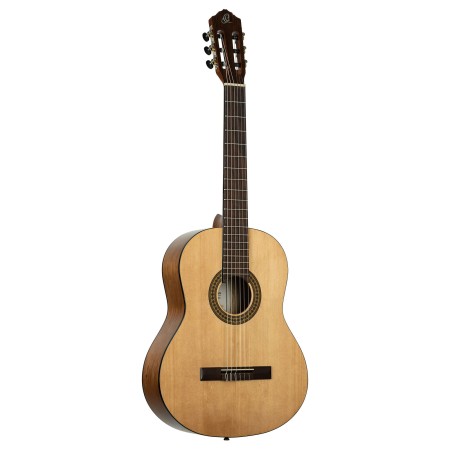 Gitara Ortega 4/4 z kompletem akcesoriów: pokrowiec, stojak i tuner na tle jasnego tła