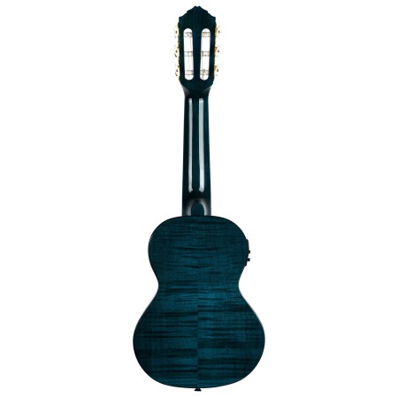 Zbliżenie na szyję i główkę Guitarlele Ortega z pozłacanymi strojnikami i detalami drewna
