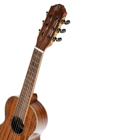 Tył korpusu guitarlele Ortega wykonany z litej akacji z połyskującym wykończeniem