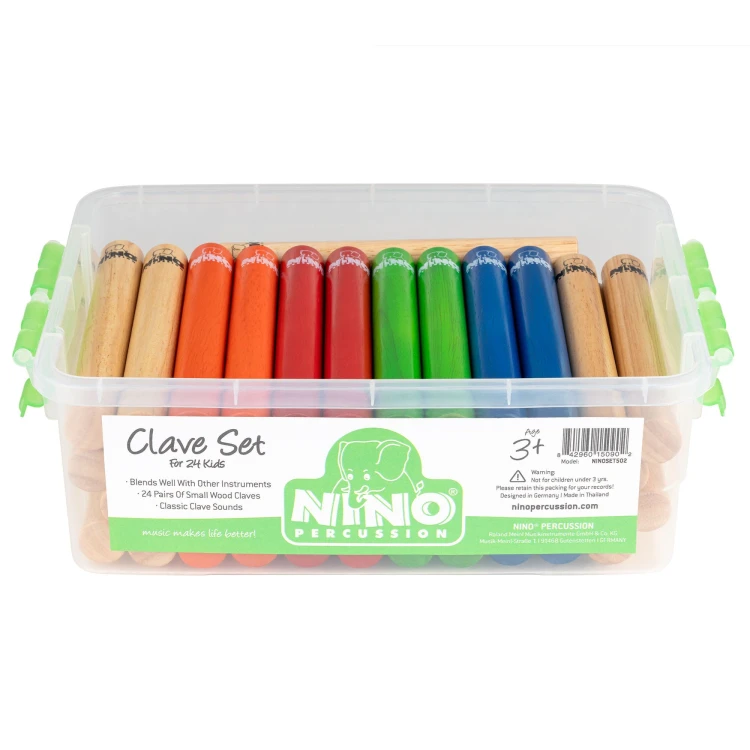 Drewniane klawesy w zestawie NINO Claves Box Set 24 pary ułożone w kolorowe grupy na białym tle