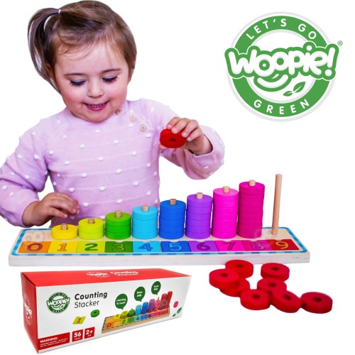 Układanka WOOPIE GREEN 56 el. w naturalnym drewnie — kolorowy sorter do nauki liczenia i rozpoznawania barw