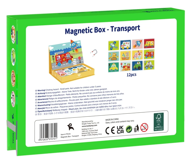 Zestaw edukacyjny TOOKY TOY rozłożony na jasnym stole — pokaz wszystkich magnetycznych części