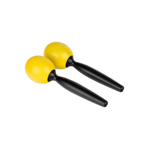Żółte marakasy syntetyczne o wymiarach 20,2 x 5,8 x 5,8 cm z ergonomicznym uchwytem, idealne do zajęć muzycznych