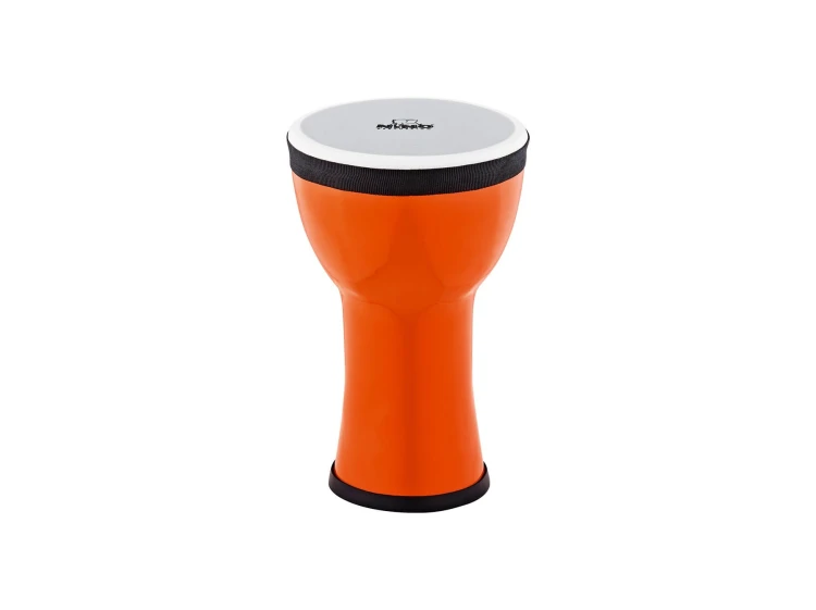 Mini djembe 6 cali w kolorze mandarynka na białym tle z widoczną syntetyczną powłoką