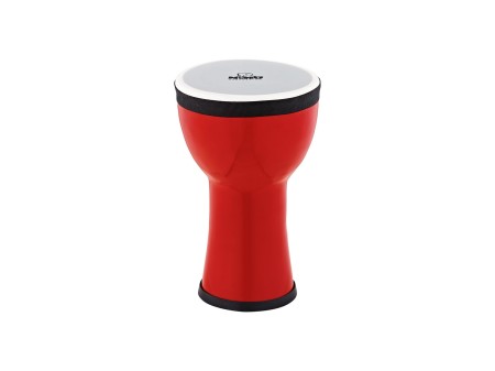 Widok mini djembe 6 cali z czerwonym syntetycznym pokryciem i tworzywową głowicą