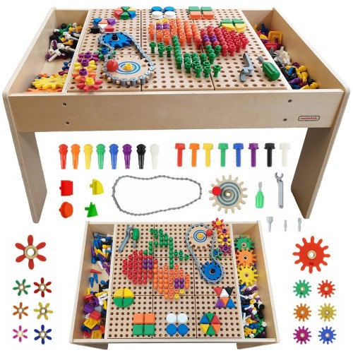 Drewniany stół edukacyjny MASTERKIDZ 55 z panelem 63x63 cm i akcesoriami STEM WALL do zabawy konstrukcyjnej