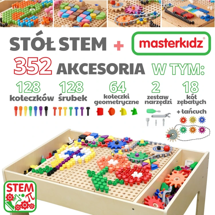 Panel stolika widoczny z bliska — otwory do wkładania kołeczków i kół zębatych, marka MASTERKIDZ