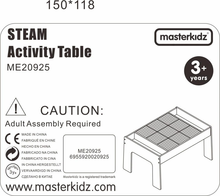 Stół edukacyjny MASTERKIDZ z panelem 63 x 63 cm ustawiony w sali edukacyjnej — widok całego zestawu