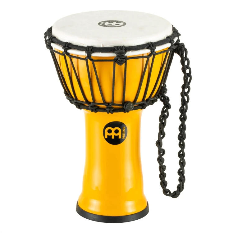 Widok syntetycznego djembe bębna o średnicy 17,5 cm i wysokości 31 cm w kolorze żółtym