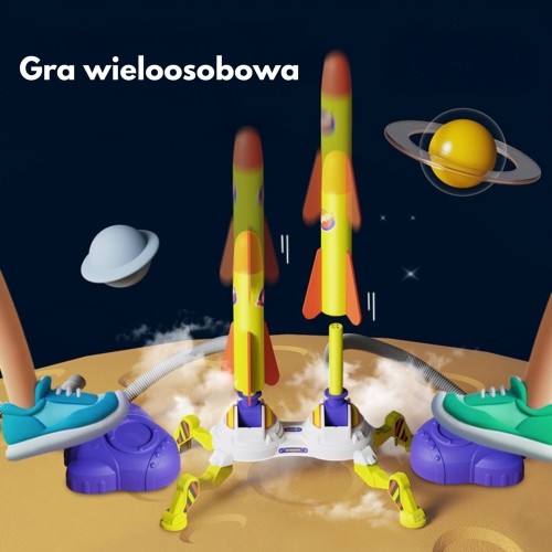 Dzieci bawiące się wyrzutnią WOOPIE wieczorem — świetlny efekt wyrzutu ukazany w zabawowej scenie