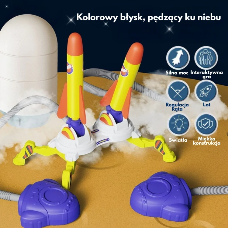 Zestaw WOOPIE rozłożony — wyrzutnia z dwoma pompkami i naklejkami pokazuje zawartość opakowania