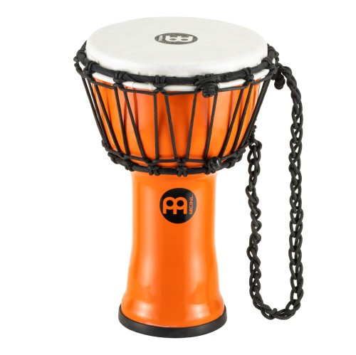 Pomarańczowe djembe 7 cali o średnicy 17,5 cm i wysokości 31 cm, idealne do plenerowej gry muzycznej