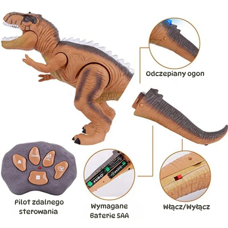 Zbliżenie na podświetlane oczy i paszczę dinozaura WOOPIE — efekt świetlny i tekstura łusek