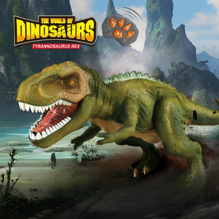 Tyrannosaurus Rex w ruchu — animacja jazdy i świecący grzbiet, pokaz funkcji zdalnie sterowanego WOOPIE