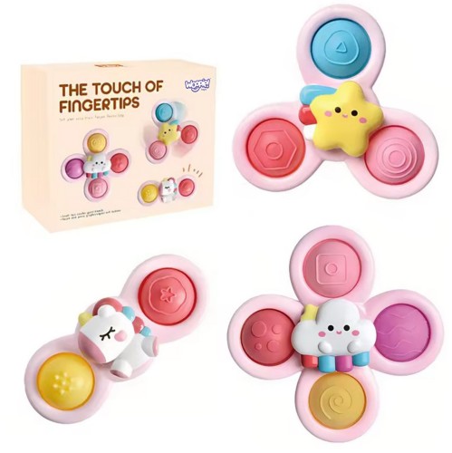Kosmiczny Spinner Pop-it WOOPIE BABY — zbliżenie różowego elementu z motywem jednorożca i przyssawką