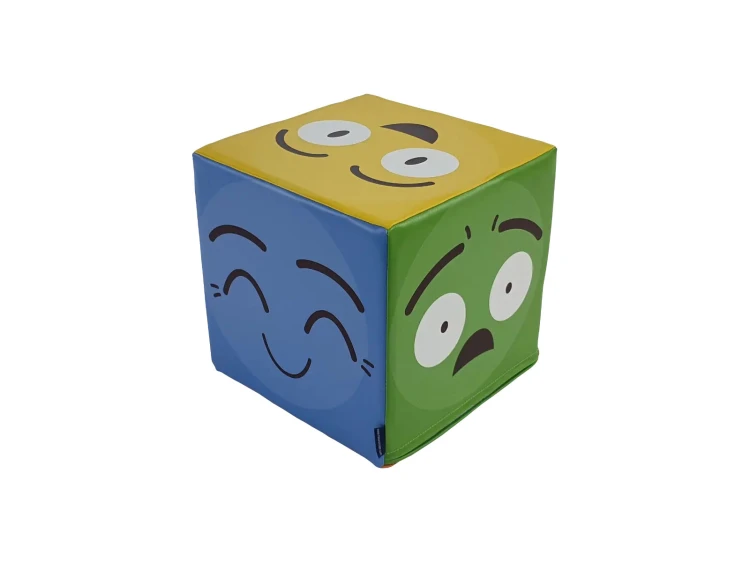Widok kostki Emocje z przodu pokazujący sześć kolorowych ściankek z ikonami emocji i rozmiar 30×30×30 cm
