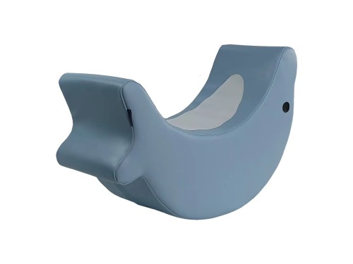 Profil piankowego bujaka delfin z oznaczonym siedziskiem 25 cm i wymiarem 65×25×45 cm, użycie w sali zabaw