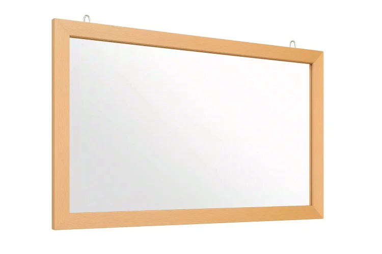 Widok lustra logopedycznego zamontowanego pionowo; listwa MDF z folią meblową, klejone narożniki i mocowanie silikonem
