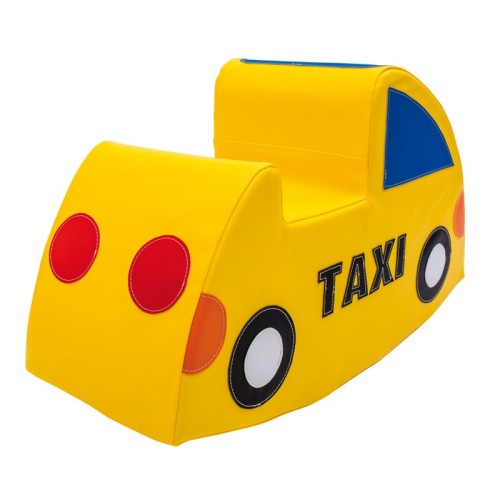 Kolorowy bujak Taxi — frontowe ujęcie siedziska z lekkiej pianki, pokazane proporcje i ergonomia dla dzieci