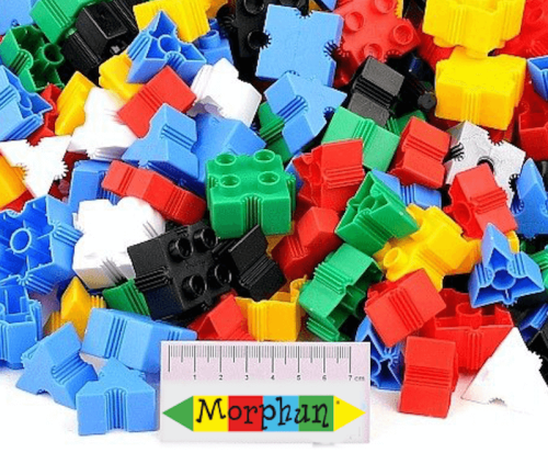 Klocki Morphun Junior 100 elementów: trójkąty i kwadraty łączone z 6 stron, trwały plastik, opakowanie foliowe.