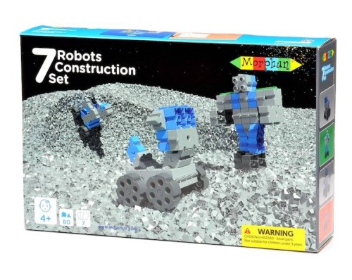 Pudełko Klocki Morphun 7 Robotów z widoczną etykietą i 80 kolorowymi elementami oraz instrukcjami do konstrukcji