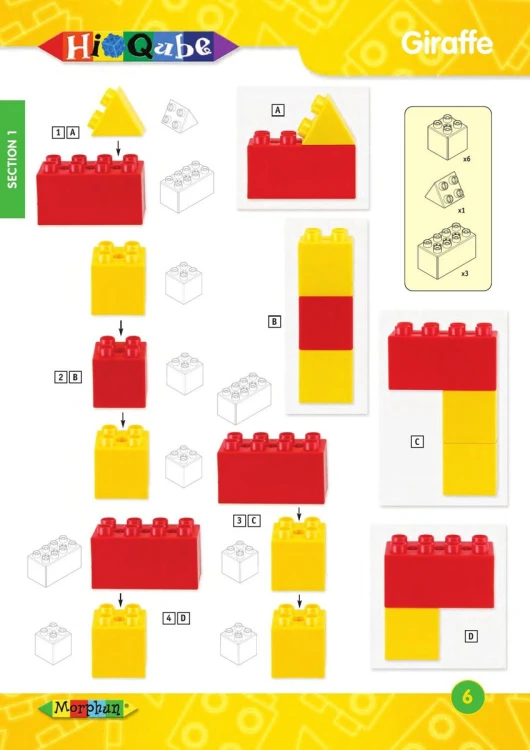 Ilustrowany diagram przedstawiający stopniowe łączenie modułów Hi‑Qube, wspierający naukę sekwencji montażu.