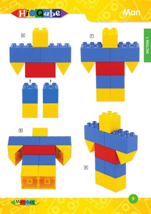 Ilustracja przedstawiająca gotową konstrukcję z klocków Hi‑Qube wraz z opisem poszczególnych etapów składania modelu.