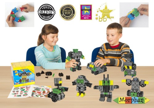 Kompletne opakowanie Morphun 84 elementy z instrukcjami do 8 modeli robotów, widoczne elementy konstrukcyjne na białym tle.