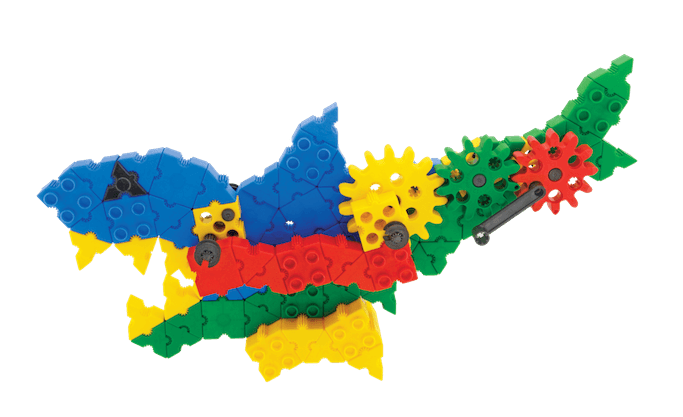 Przykładowy model krokodyla z zestawu Gearphun z widoczną ruchomą szczęką i osiami napędowymi.