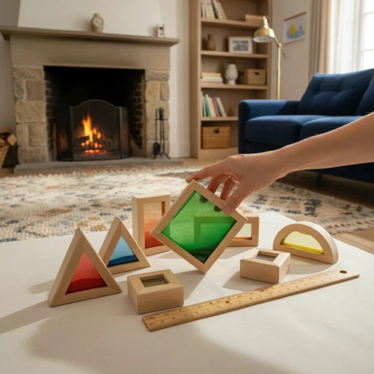 Klocki ustawione w rzędzie, prezentacja różnych figur geometrycznych i kontrastujących kolorów piasku.