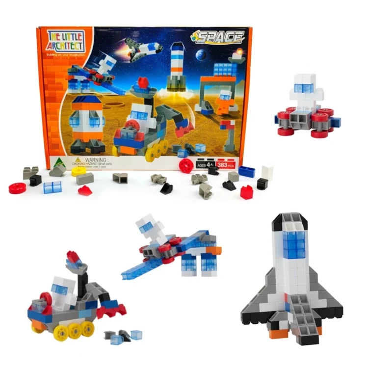 Zestaw Space rozłożony na stole: widoczne elementy w sześciu intensywnych kolorach oraz fragment instrukcji A4 podczas układania modelu.