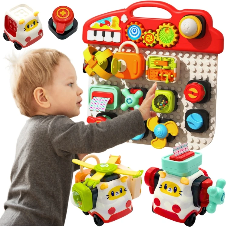 Tablica manipulacyjna WOOPIE BABY — kolorowy panel Montessori z różnorodnymi elementami do aktywności dla niemowląt
