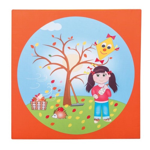 Zbliżenie na ilustracje jesienne na materacu 100 × 100 × 5 cm, pomocne w ćwiczeniach edukacyjnych i opowiadaniach o porach roku