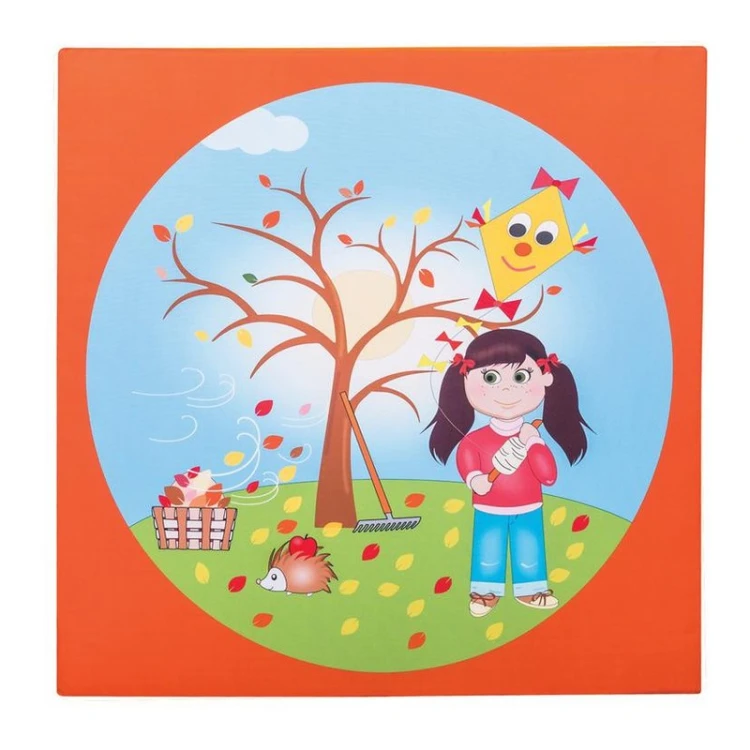 Zbliżenie na ilustracje jesienne na materacu 100 × 100 × 5 cm, pomocne w ćwiczeniach edukacyjnych i opowiadaniach o porach roku
