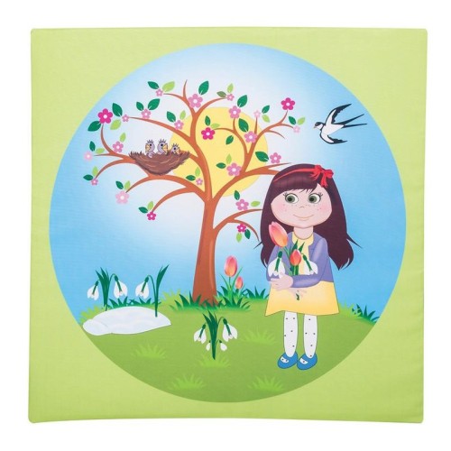 Zbliżenie na wzór wiosenny materaca 100 x 100 x 5 cm — ilustracje i miękka warstwa do zabawy oraz ćwiczeń