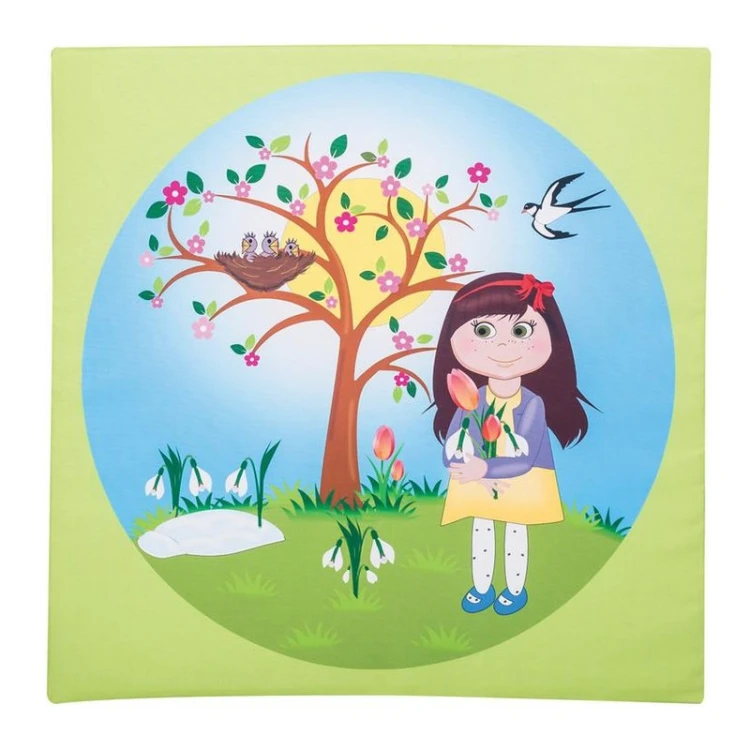 Zbliżenie na wzór wiosenny materaca 100 x 100 x 5 cm — ilustracje i miękka warstwa do zabawy oraz ćwiczeń