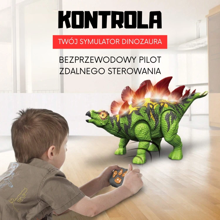 Ujęcie dynamiczne Stegozaura Woopie w ruchu — efekt świetlny i propulsja podkreślone