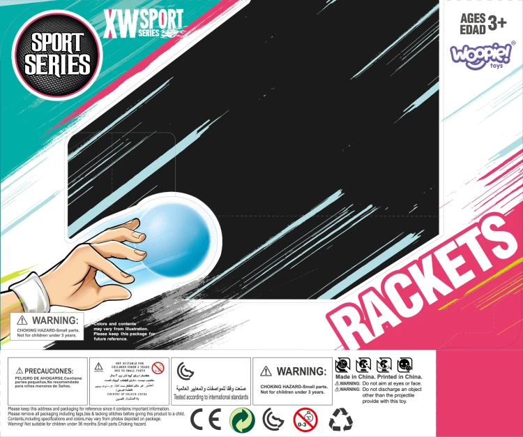 Opakowanie zestawu CATCH BALL 2 paletki + 2 piłki widoczne pod kątem — etykieta i zawartość marki WOOPIE