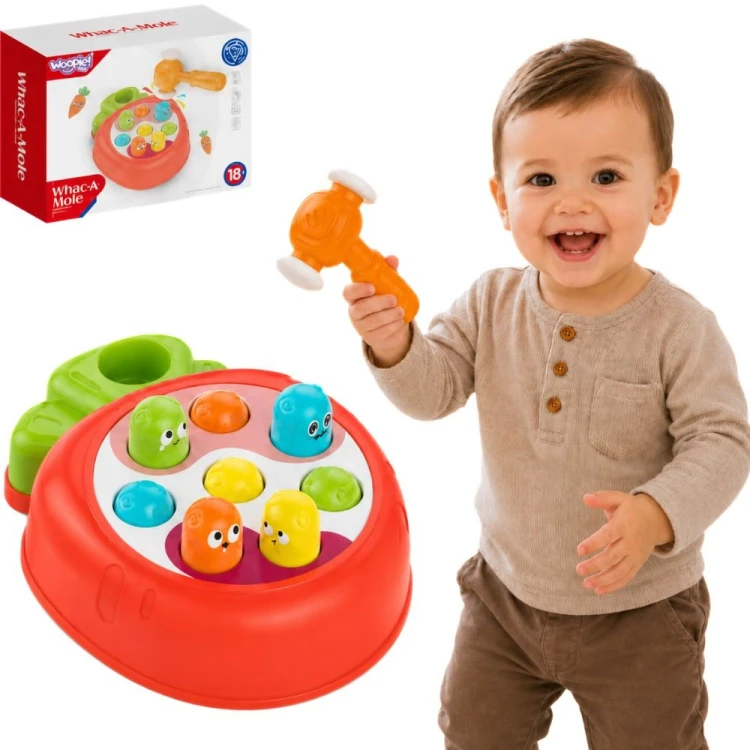 Wbijanka WOOPIE BABY 88 — kolorowa gra zręcznościowa z młoteczkiem i figurkami w drewnianej ramie