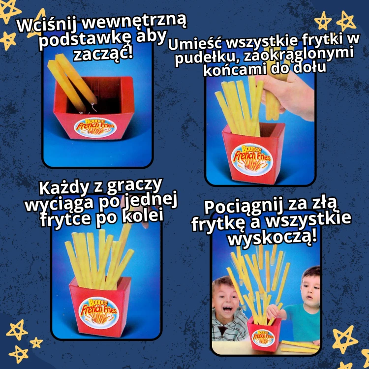 Ręka dziecka naciskająca przycisk w grze Wyskakujące Frytki 48 — pokaz działania mechanizmu.
