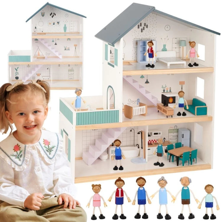 Duży drewniany domek dla lalek TOOKY TOY z otwieranymi drzwiami i detalami wnętrza, FSC