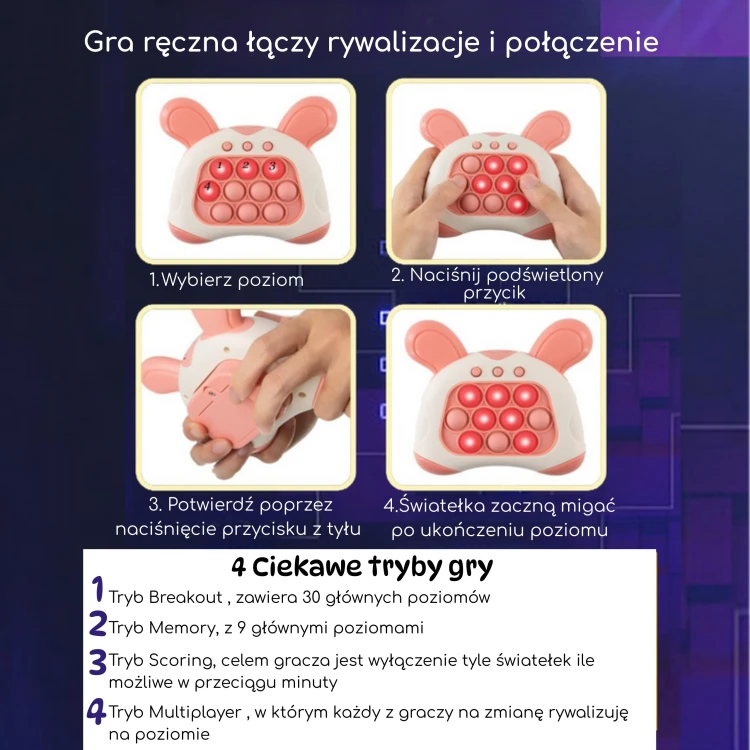 Widok z przodu — uszy króliczka i układ pęcherzyków POP IT 48, przyjazne kolory dla dzieci