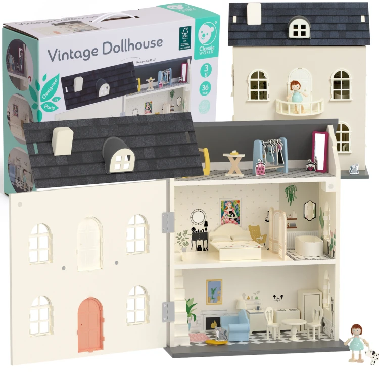 Drewniany domek dla lalek CLASSIC WORLD 50 — duży vintage z mebelkami i 36 elementami w zestawie