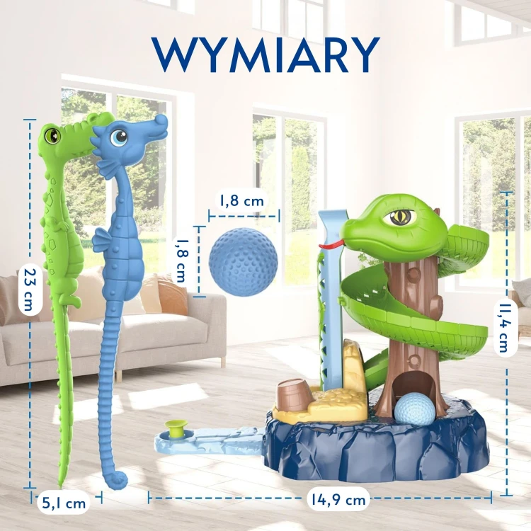 Zbliżenie na kulkę i fragment toru SNAKE GOLF WOOPIE — punkt odbicia i kierunek przejazdu