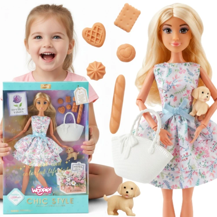 Lalka Lily 30 cm WOOPIE ROYAL w wiosennej sukience — siedzi z pieskiem i akcesoriami piknikowymi