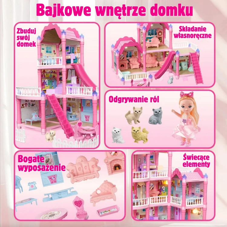 Podświetlenie domku WOOPIE Villa — nocna scena z rozświetlonymi oknami i drobnymi lampkami