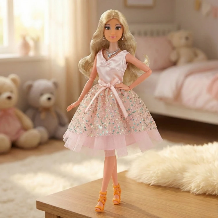 Ujęcie całej sylwetki Lalki Lily w różowej sukni z dołączoną biżuterią - stylizacja inspirowana księżniczką WOOPIE ROYAL