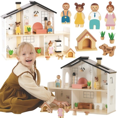 Drewniany domek dla lalek TOOKY TOY z akcesoriami i rodzinką, 20 elementów w komplecie