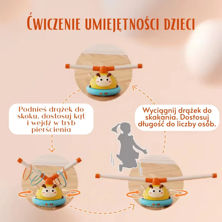 Widok rozłożonego zestawu 2w1 — skakanka i tarcza z oznaczeniem WOOPIE na tle