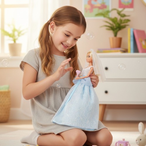 Zbliżenie na twarz lalki LILY WOOPIE — detal makijażu, subtelny welon i ozdoby włosów pod światłem